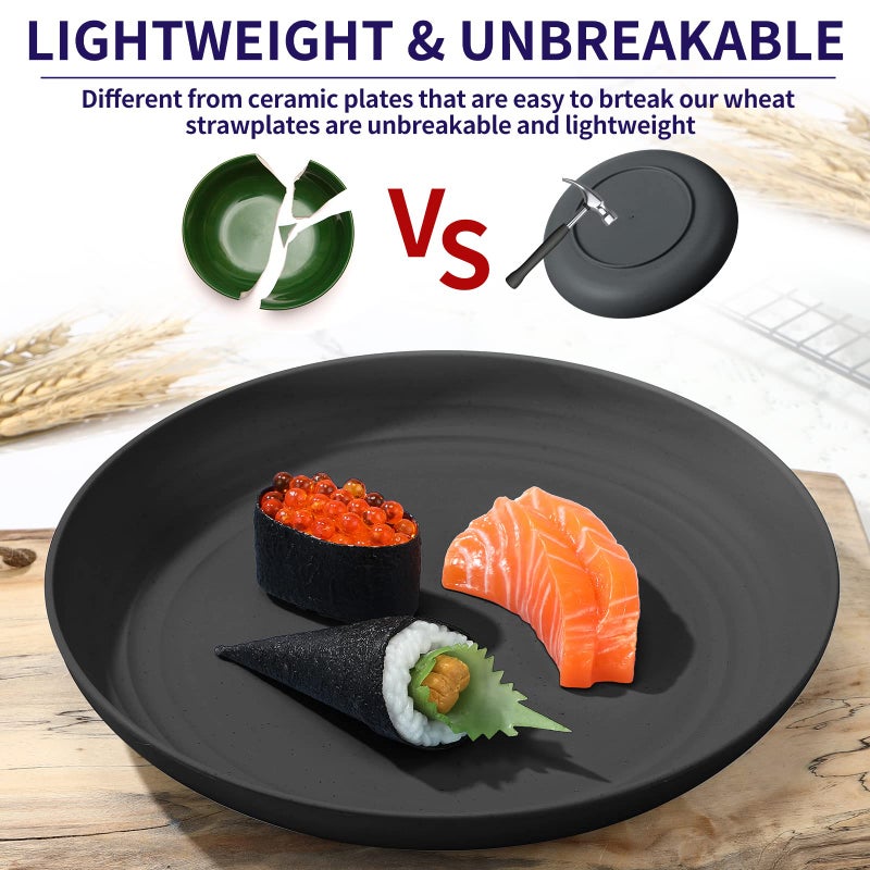 Zopeal 15 Pcs 10 Inch Wheat Straw Plates Set Lightweight Unbreakable Deep Dinner Plates Reusable Plastic Plates Microwave and Dishwasher Safe for Kitchen Salad Dessert Fruit Cakes Dish(Black) - Image 5