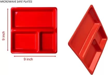 AWICKTIK AWICKTIK FoodGrade Virgin Plastic MicrowaveSafe 3Compartments DividedDinner 9 Inches Pav Bhaji Plates4 Red  - Image 4