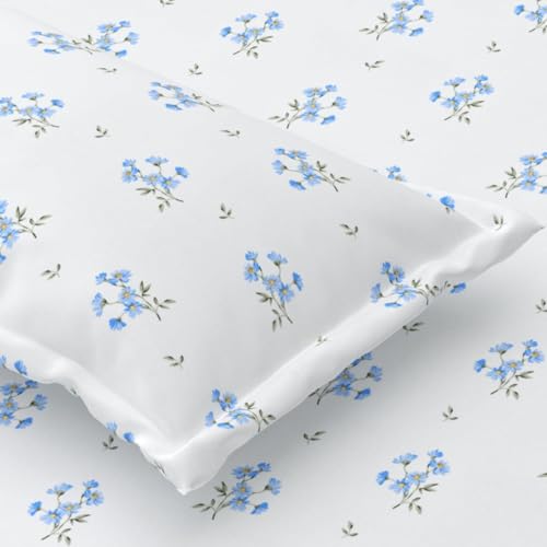 Plumora Single Bed Cotton Bedsheet with 1 Pillow Cover, 100% Pure Cotton Single Bedsheet 60×90 Inches, 240 TC Soft Breathable Bed Sheet – (Blue Daisy) - Image 1