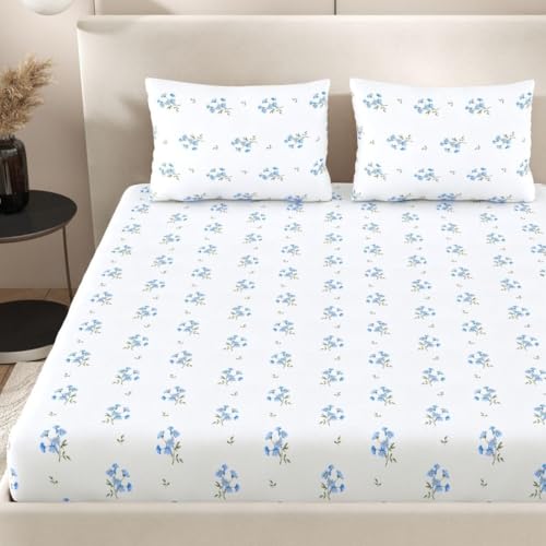 Plumora Single Bed Cotton Bedsheet with 1 Pillow Cover, 100% Pure Cotton Single Bedsheet 60×90 Inches, 240 TC Soft Breathable Bed Sheet – (Blue Daisy) - Image 2