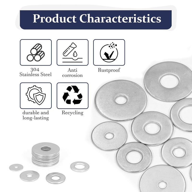 ZQZ 290Pcs Flat Washers, 304 Stainless Steel Fender Washers Assortment, 15 Different Sizes Wide Washer M3 M4 M5 M6 M8 M10 M12 Assorted Flatwashers Kit - Image 5
