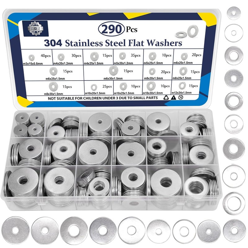 ZQZ 290Pcs Flat Washers, 304 Stainless Steel Fender Washers Assortment, 15 Different Sizes Wide Washer M3 M4 M5 M6 M8 M10 M12 Assorted Flatwashers Kit - Image 1