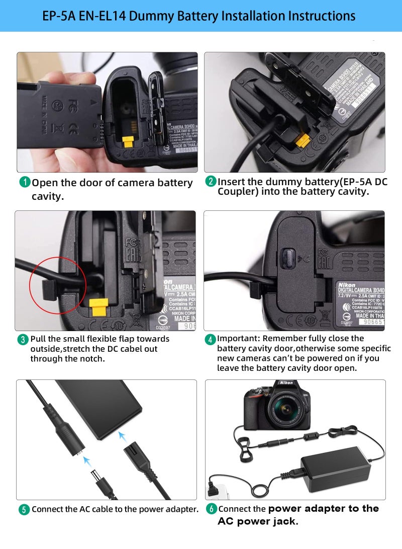 TKDY EN-EL14 Dummy Battery and EP-5A EH-5 AC Power Adapter for Nikon D3500 D3400 D3200 D5100 D5200 D5300 D5500 D5600 D3100 D3300 Coolpix P7000 P7100 P7700 P7800 Df Cameras. - Image 3