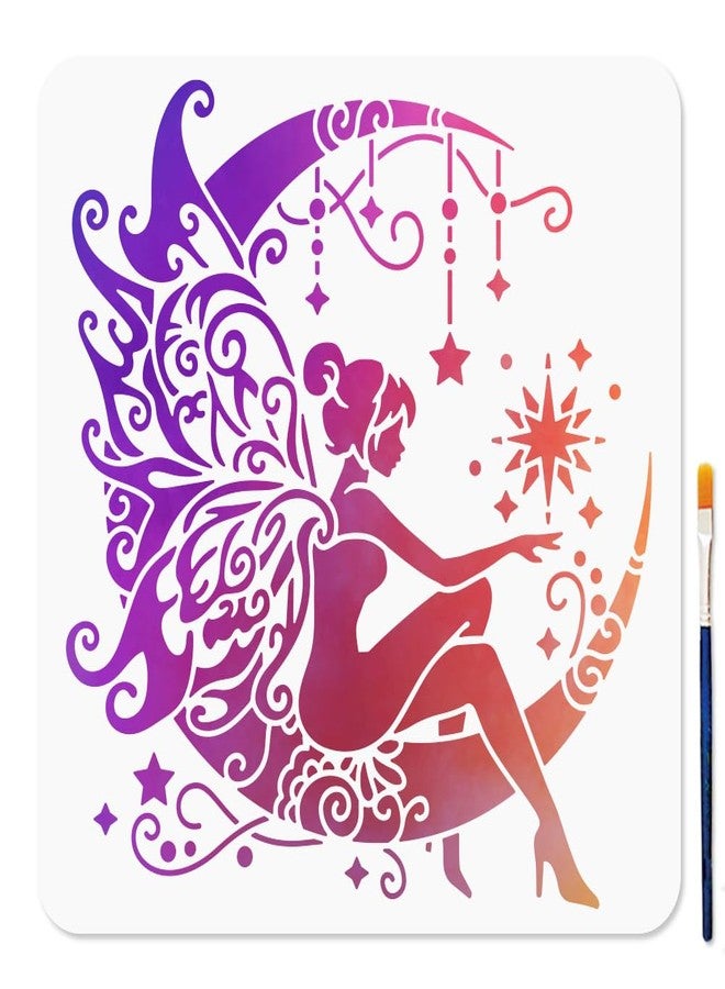 MAYJOYDIY Moon Fairy Stencil Mandala Moon Stencils with Paint Brush 11.8×11.8inch Fantasy Starry Night Reusable Drawing Templates for Craft on Window Wood Wall Home Decoration - Image 1