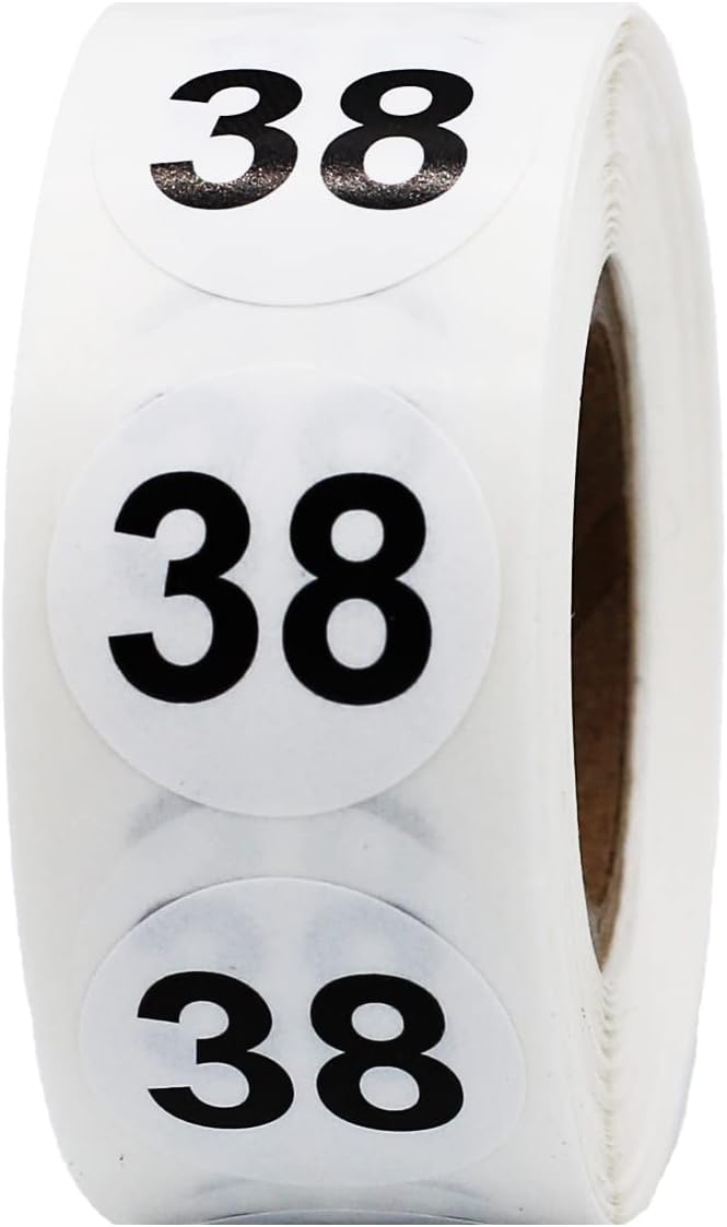 InStockLabels.com White with Black Number 38 Circle Dot Stickers, 3/4 Inch Round, 500 Labels on a Roll for Organization and Inventory - Semi-Gloss Finish - Made in The USA - Image 1