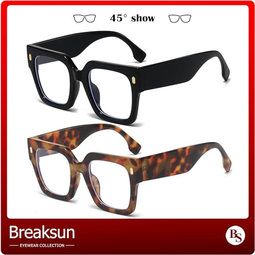 Breaksun نظارات بريكسون العصرية الكبيرة المضادة للضوء الأزرق للنساء والرجال بإطار مربع كبير عصري (أسود + صدفي) - Image 4