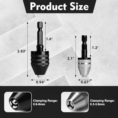 KPROE 2 Pieces Keyless Drill Chuck Adapter Set, 1/4 Inch Hex Shank Quick Change Drill Bit Converter, 0.3-3.6mm and 0.6-8mm for Impact Drivers and Power Drills Compatible with Milwaukee, DeWalt, Makita - Image 3