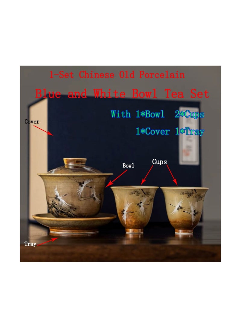 1-Set Chinese Old Porcelain Blue and White Bowl Tea Set,Chinese Tea Bowl with Cover Tray and Cups,Chinese Traditional Handicraft Ceramic Tea Set - Image 1
