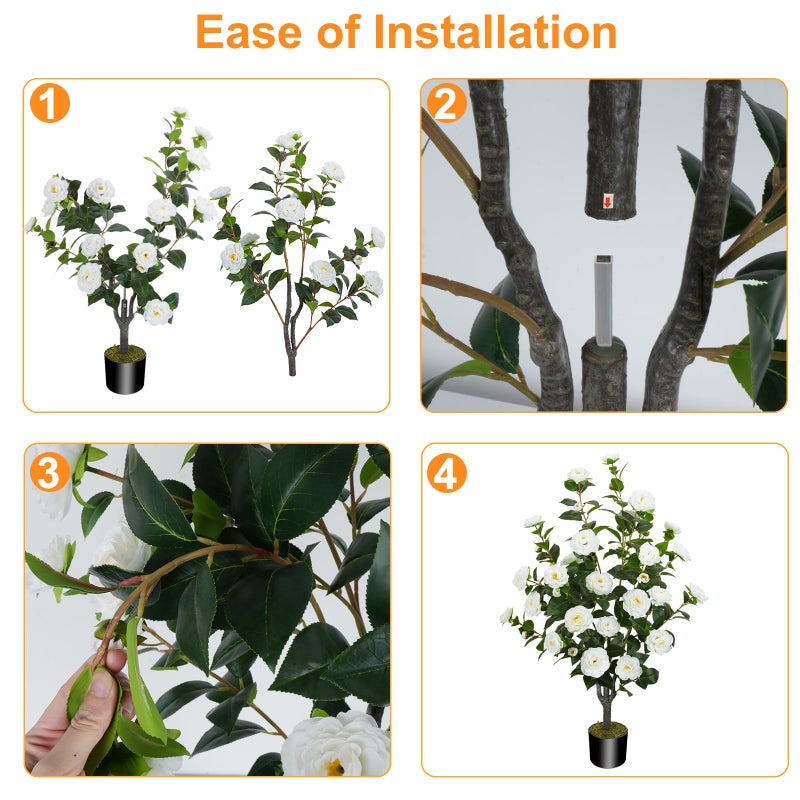 MHMJON 2 Pack 43.3"/3.6FT Artificial Camellia Tree Fake Outdoor Tree with 32 Blooming Flowers White Tree for Home Front Door Winter Christmas Indoor Decor (Including Dried Moss) - Image 3