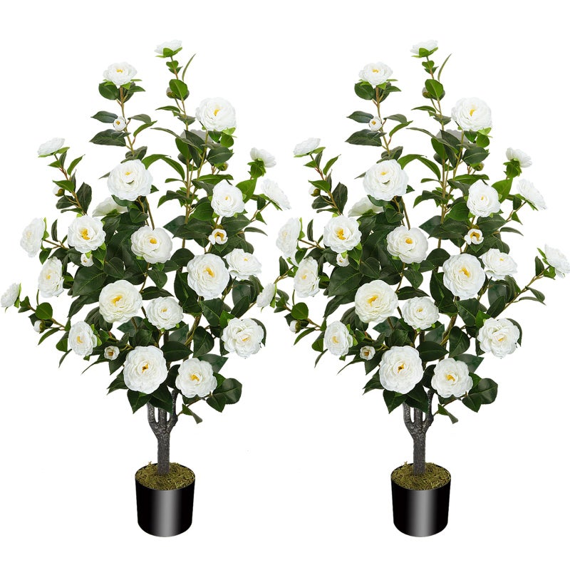 MHMJON 2 Pack 43.3"/3.6FT Artificial Camellia Tree Fake Outdoor Tree with 32 Blooming Flowers White Tree for Home Front Door Winter Christmas Indoor Decor (Including Dried Moss) - Image 1