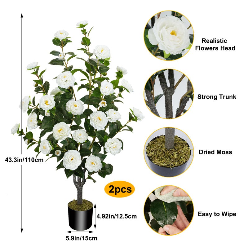 MHMJON 2 Pack 43.3"/3.6FT Artificial Camellia Tree Fake Outdoor Tree with 32 Blooming Flowers White Tree for Home Front Door Winter Christmas Indoor Decor (Including Dried Moss) - Image 2