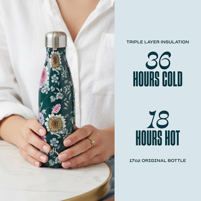S'well Stainless Steel Water Bottle, 17oz, Midnight Botanical, Triple Layered Vacuum Insulated Containers Keeps Drinks Cold for 36 Hours and Hot for 18, BPA Free, Perfect for On the Go - Image 1