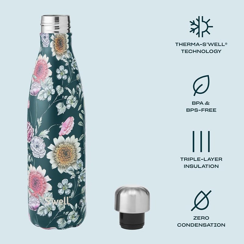 S'well Stainless Steel Water Bottle, 17oz, Midnight Botanical, Triple Layered Vacuum Insulated Containers Keeps Drinks Cold for 36 Hours and Hot for 18, BPA Free, Perfect for On the Go - Image 2