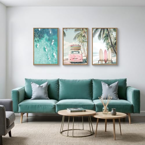 HOURIA Summer Surfboard Beach Framed Canvas Wall Art Set,Modern Ocean Surfing Seascape Wall Decor,Coastal Bus Coconut Tree Wall Painting,Nature Botanical Art Prints for Living Room, Bedroom-16 x24 x3 - Image 2