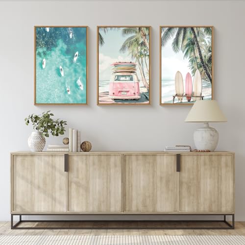 HOURIA Summer Surfboard Beach Framed Canvas Wall Art Set,Modern Ocean Surfing Seascape Wall Decor,Coastal Bus Coconut Tree Wall Painting,Nature Botanical Art Prints for Living Room, Bedroom-16 x24 x3 - Image 3