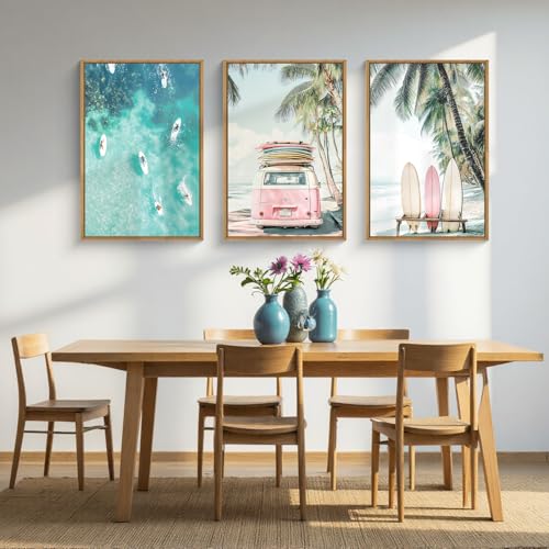 HOURIA Summer Surfboard Beach Framed Canvas Wall Art Set,Modern Ocean Surfing Seascape Wall Decor,Coastal Bus Coconut Tree Wall Painting,Nature Botanical Art Prints for Living Room, Bedroom-16 x24 x3 - Image 4