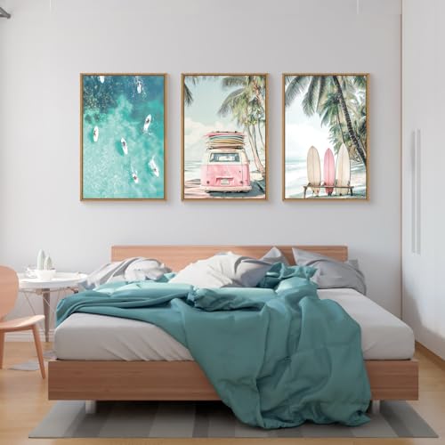 HOURIA Summer Surfboard Beach Framed Canvas Wall Art Set,Modern Ocean Surfing Seascape Wall Decor,Coastal Bus Coconut Tree Wall Painting,Nature Botanical Art Prints for Living Room, Bedroom-16 x24 x3 - Image 5