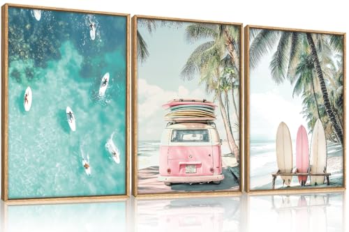 HOURIA Summer Surfboard Beach Framed Canvas Wall Art Set,Modern Ocean Surfing Seascape Wall Decor,Coastal Bus Coconut Tree Wall Painting,Nature Botanical Art Prints for Living Room, Bedroom-16 x24 x3 - Image 1