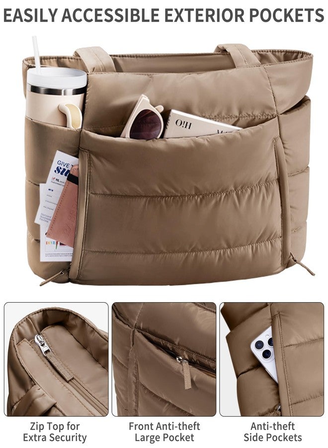 Bagstellar Puffer Tote Bag for Women, Lightweight Puffy Work Laptop Handbag Teacher Nurse Quilted Shoulder Bag for School Travel Gym, Brown - Image 5