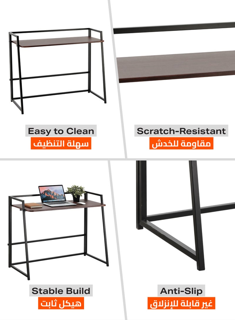 لوازم طاولة قابلة للطي - بني - 100×53.3×85.5 سم - مكتب كمبيوتر منزلي بدون تركيب بسطح خشبي وأرجل حديد - مناسبة للمكتب المنزلي والدراسة والمساحات الصغيرة والاستخدام المؤقت - Image 4