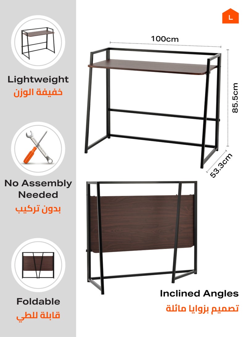 لوازم طاولة قابلة للطي - بني - 100×53.3×85.5 سم - مكتب كمبيوتر منزلي بدون تركيب بسطح خشبي وأرجل حديد - مناسبة للمكتب المنزلي والدراسة والمساحات الصغيرة والاستخدام المؤقت - Image 2