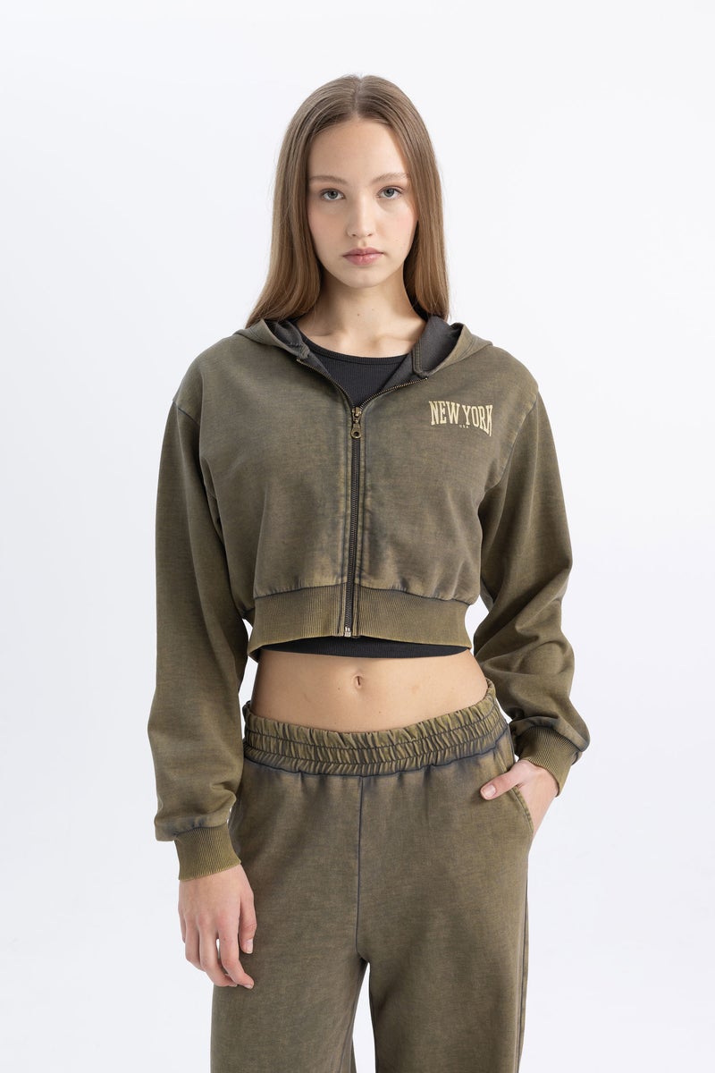 DeFacto Woman Crop Washed Faded Effect Printed Thick Fabric Cardigan  - Image 2