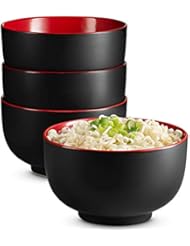 KooK Japanese Ceramic Noodle Bowl, Pho, Ramen, Deep Interior, Black and Red, capacity limit 34 oz - Set of 4 - Image 1