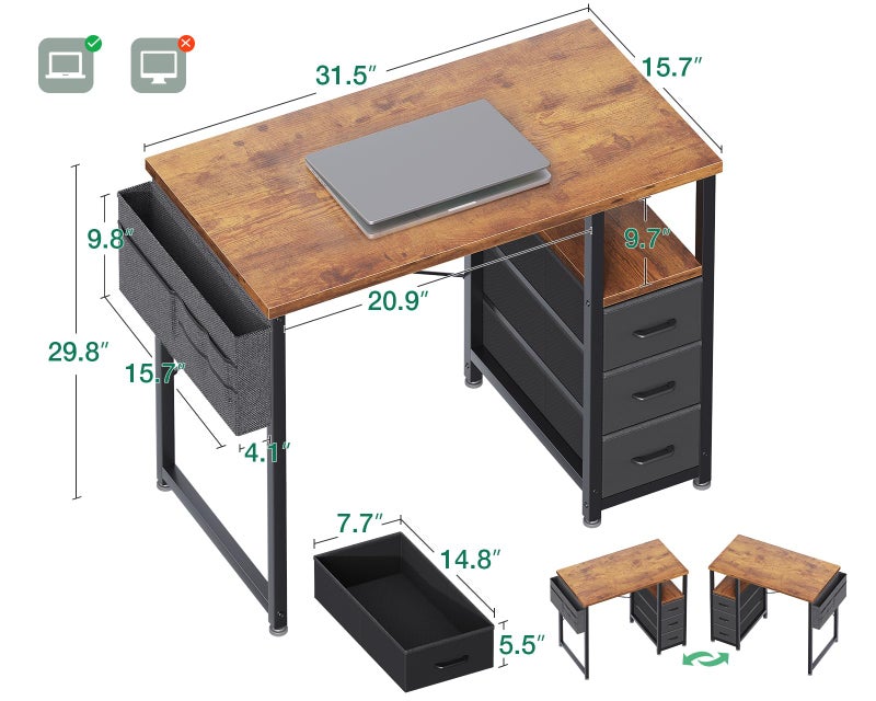 AODK 32" Small Computer Desk with Fabric Drawers, Kids Girls Teen Study Writing Desk for Bedroom, Home Office Desk with Storage Shelf & Bag for Small Space, Vintage - Image 3