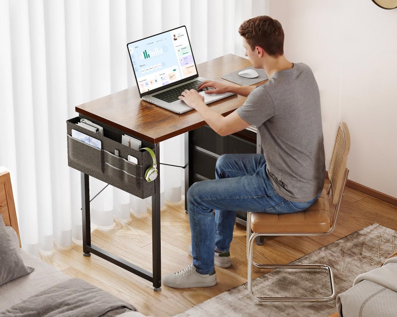 AODK 32" Small Computer Desk with Fabric Drawers, Kids Girls Teen Study Writing Desk for Bedroom, Home Office Desk with Storage Shelf & Bag for Small Space, Vintage - Image 5