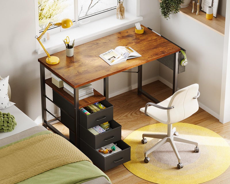 AODK 32" Small Computer Desk with Fabric Drawers, Kids Girls Teen Study Writing Desk for Bedroom, Home Office Desk with Storage Shelf & Bag for Small Space, Vintage - Image 2