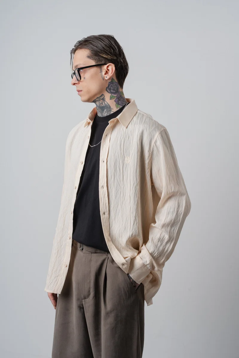 RESPIRE Men's Embroidered Long-Sleeve Oversize Shirt, Beige