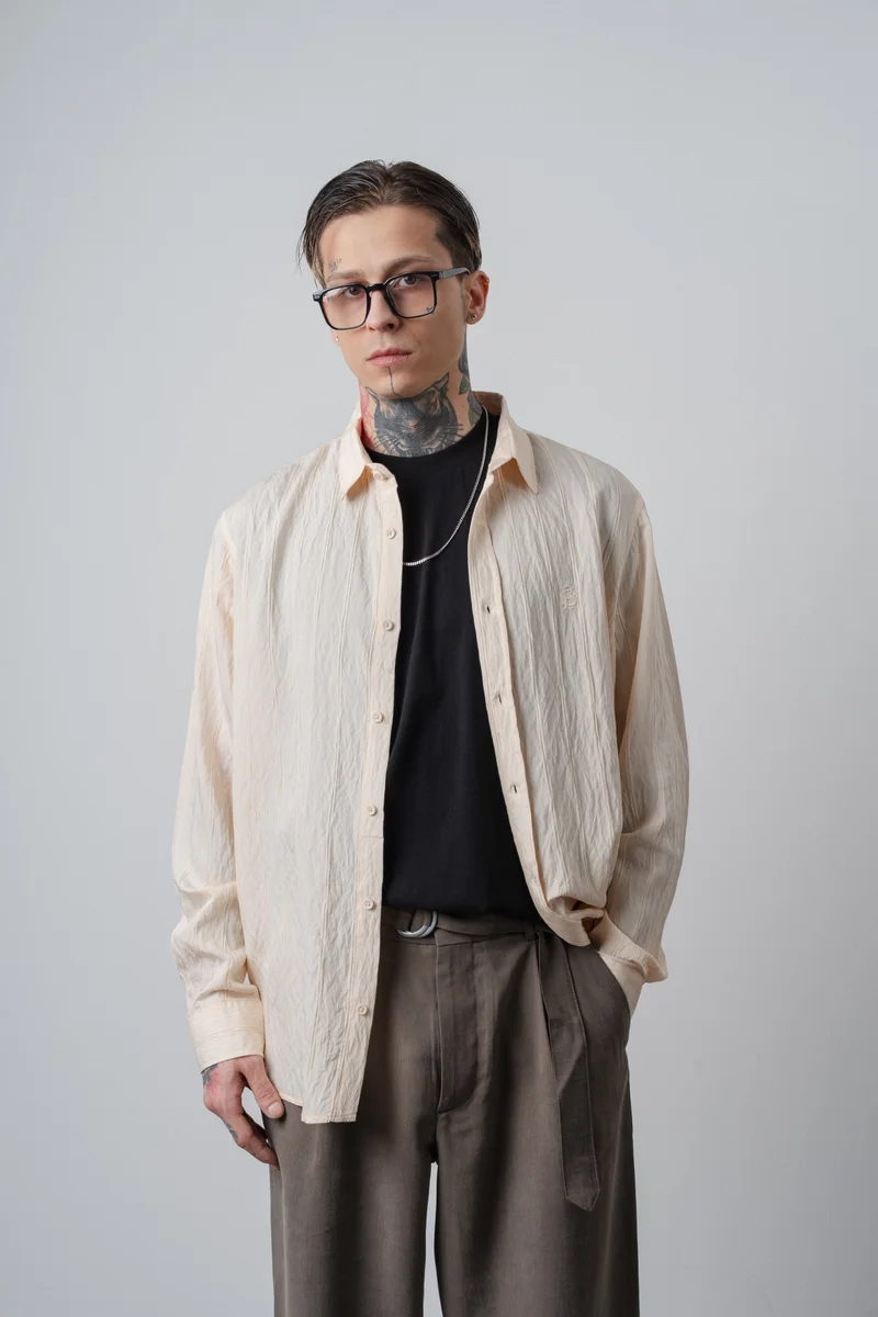 RESPIRE Men's Embroidered Long-Sleeve Oversize Shirt, Beige