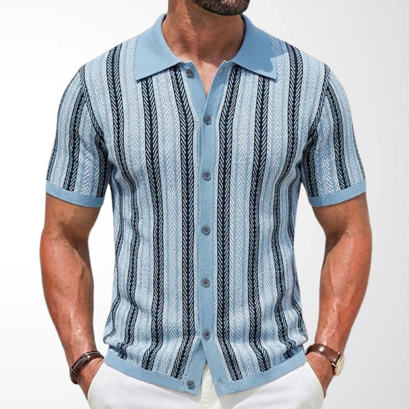 Men's Contrast Striped Knit Cardigan Jacquard Turn-down Collar Short Sleeve Polo Shirt - Image 2
