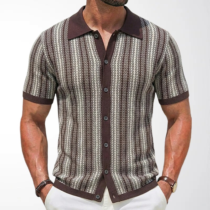Men's Contrast Striped Knit Cardigan Jacquard Turn-down Collar Short Sleeve Polo Shirt - Image 3
