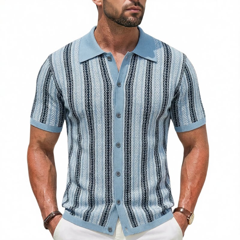 Men's Contrast Striped Knit Cardigan Jacquard Turn-down Collar Short Sleeve Polo Shirt - Image 1