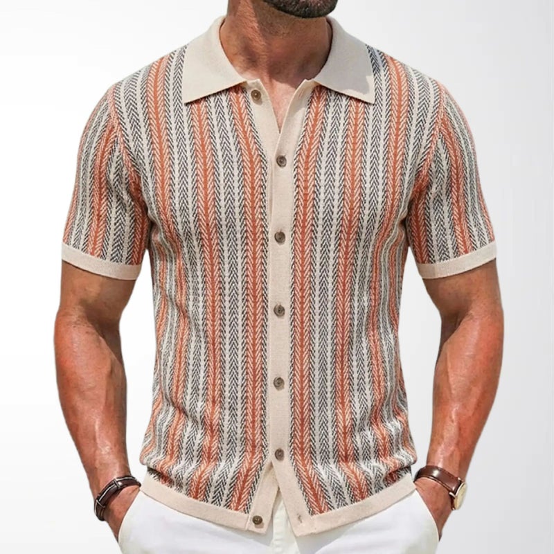 Men's Contrast Striped Knit Cardigan Jacquard Turn-down Collar Short Sleeve Polo Shirt - Image 4