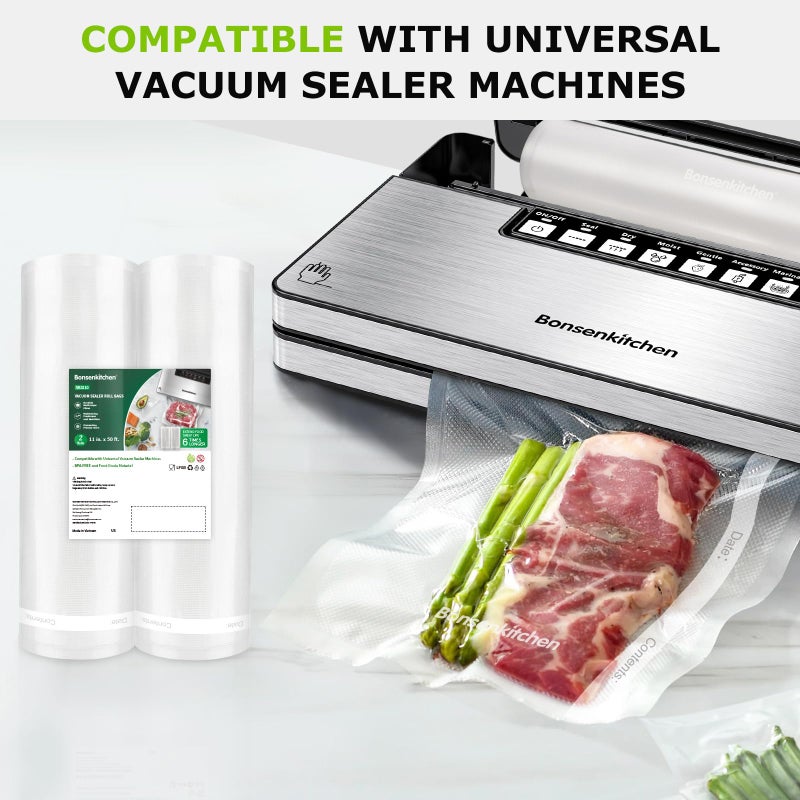 Bonsenkitchen Vacuum Sealer Bags, 11 in x 50 ft Rolls 2 Pack Seal Bags for Food Storage Saver, BPA Free, Commercial Grade Textured Food Roll Bags, Customized Size Bag for Sous Vide Cooking,VB3210 - Image 2