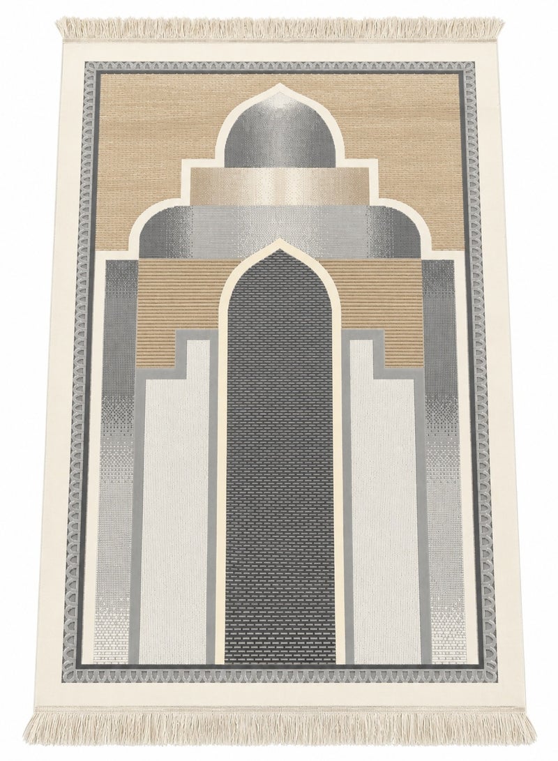 Prayer Mat 78 x 120 cm, Soft Woven Salah Rug with Elegant Mosque Design & Tassel Fringe, Lightweight Foldable Prayer Carpet for Home, Mosque & Travel – Beige Grey - Image 1