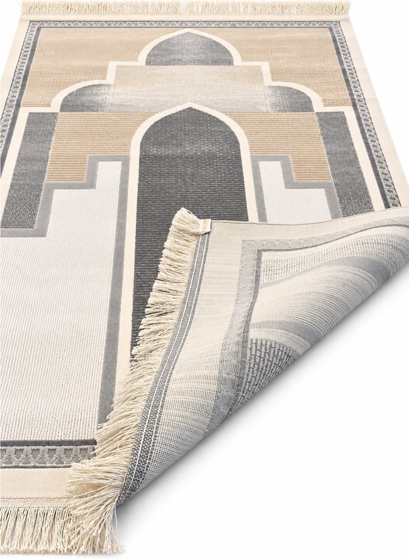 Prayer Mat 78 x 120 cm, Soft Woven Salah Rug with Elegant Mosque Design & Tassel Fringe, Lightweight Foldable Prayer Carpet for Home, Mosque & Travel – Beige Grey - Image 2