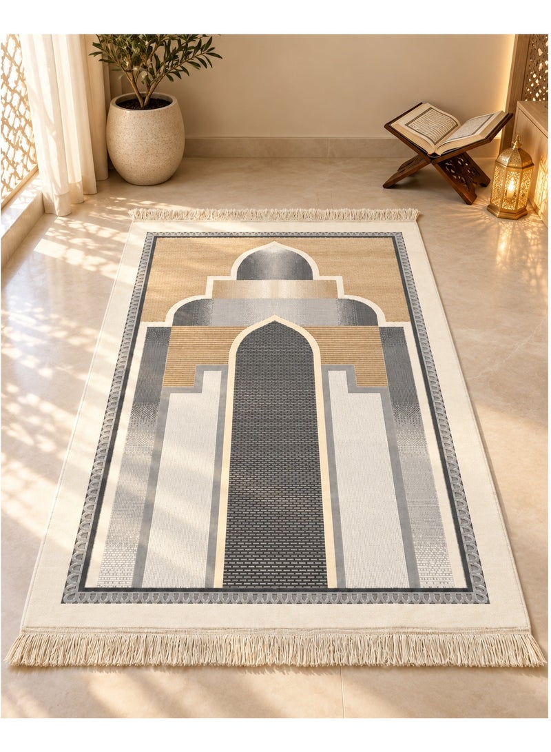 Prayer Mat 78 x 120 cm, Soft Woven Salah Rug with Elegant Mosque Design & Tassel Fringe, Lightweight Foldable Prayer Carpet for Home, Mosque & Travel – Beige Grey - Image 3
