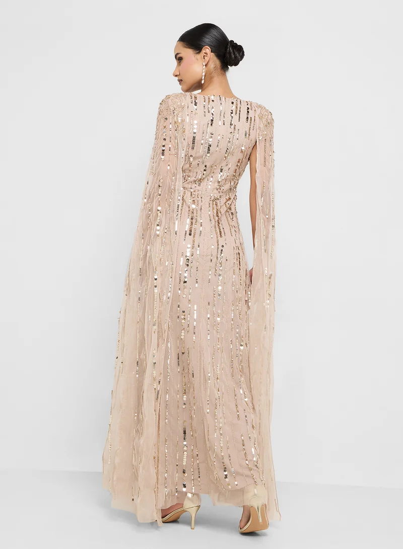 Amelia Rose Embellished Cape Sleeve Maxi Dress