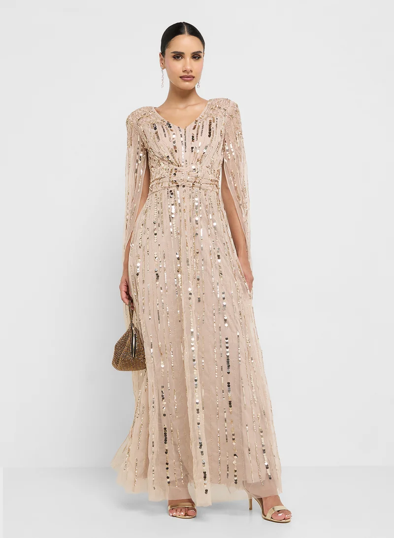 Amelia Rose Embellished Cape Sleeve Maxi Dress