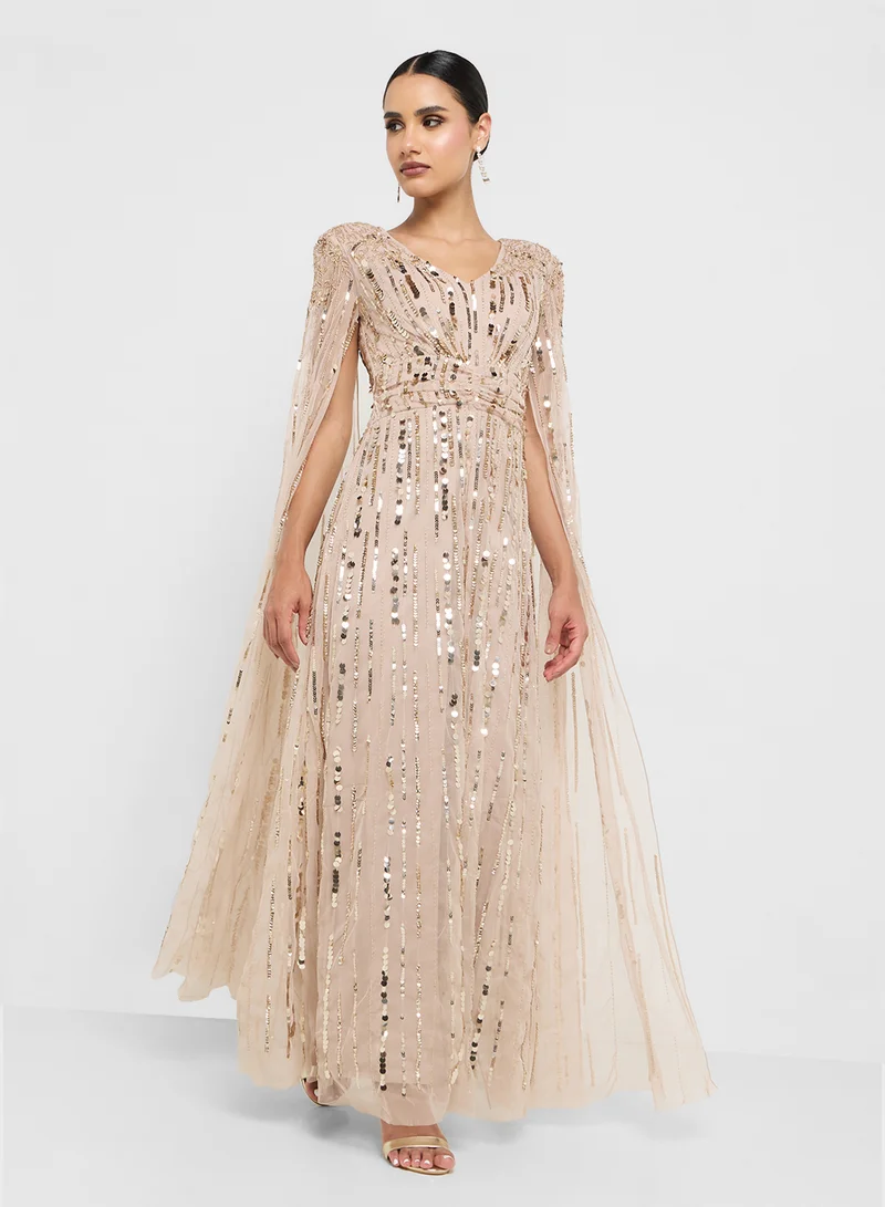 Amelia Rose Embellished Cape Sleeve Maxi Dress