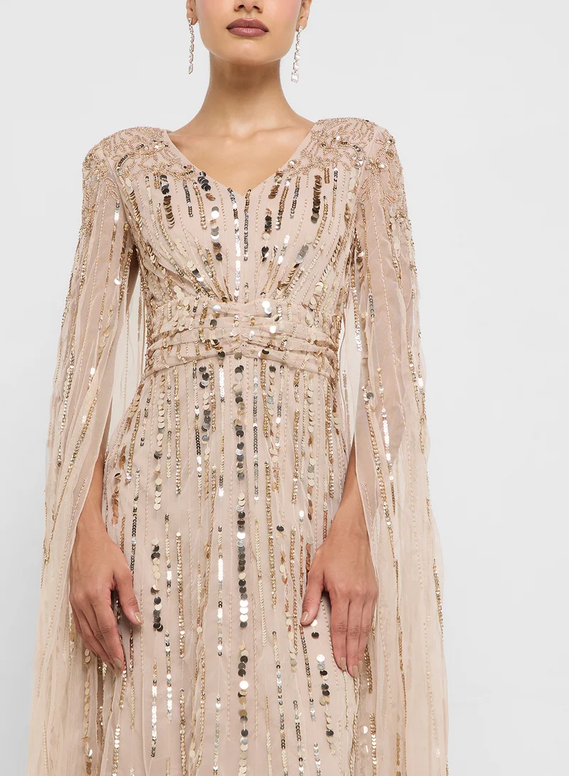 Amelia Rose Embellished Cape Sleeve Maxi Dress