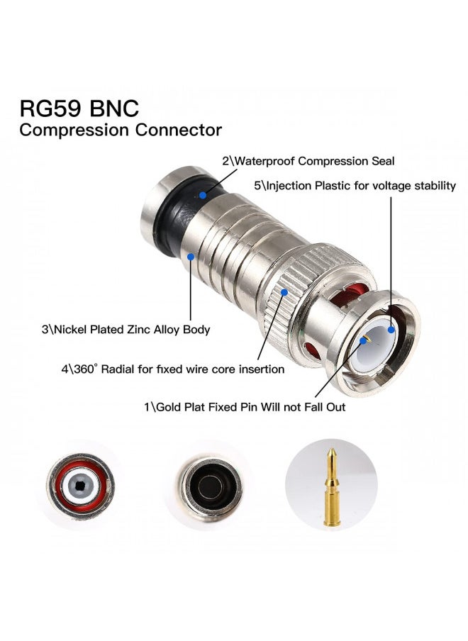 VFLTOOL VFLTOOL 20PCS BNC Compression Connector 75 Ohm Coupler with Copper Pin for RG58-59 Crimper Video Plug Extension Coaxial Siamese Cable Crimper Adapter Male CCTV Home Security Camera Antena System  - Image 3