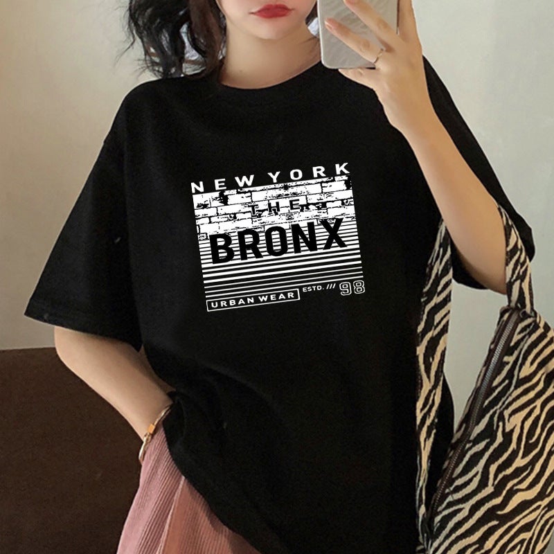 Plus Size 2024 Summer Tee Letter Print Loose Top for Women Letter BRONX Black