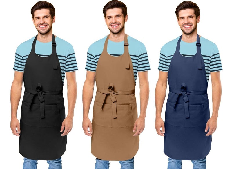 Cranique Polyester Kitchen Apron with Adjustable Strap Two Pockets for Women Men Free Size Apron for Hotel Cafe Restaurant Salon Workshop Garage Cooking Apron Pack of 3 BLKTNBLU3