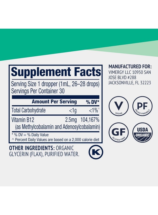 Vimergy Liquid B12 - Fast-Absorbing Brain Support - Energy Support Supplement - USDA Certified Organic, Vegan, Non-GMO - 30 Servings (30 mL) - Image 5