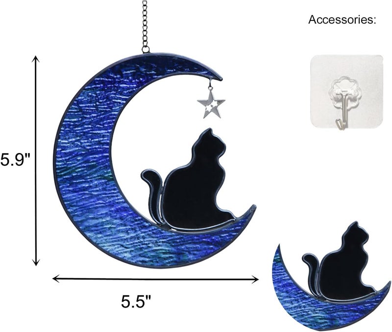 YT3 Studio Cat Memorial Gifts for Loss of Cat, Cat on Moon Stained Glass Window Hangings Sun Catcher, Handcrafted Pet Memorial Gifts Cat Suncatcher Ornament, Cat Gifts for Cat Lovers, Loss of Cat sympathy Gift - Image 2
