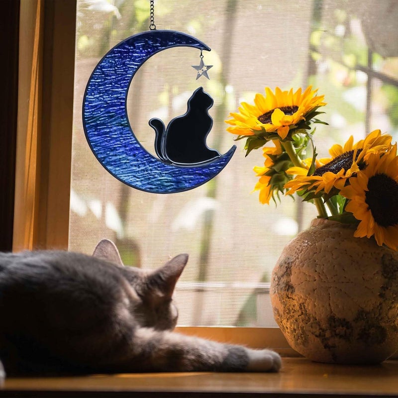 YT3 Studio Cat Memorial Gifts for Loss of Cat, Cat on Moon Stained Glass Window Hangings Sun Catcher, Handcrafted Pet Memorial Gifts Cat Suncatcher Ornament, Cat Gifts for Cat Lovers, Loss of Cat sympathy Gift - Image 3